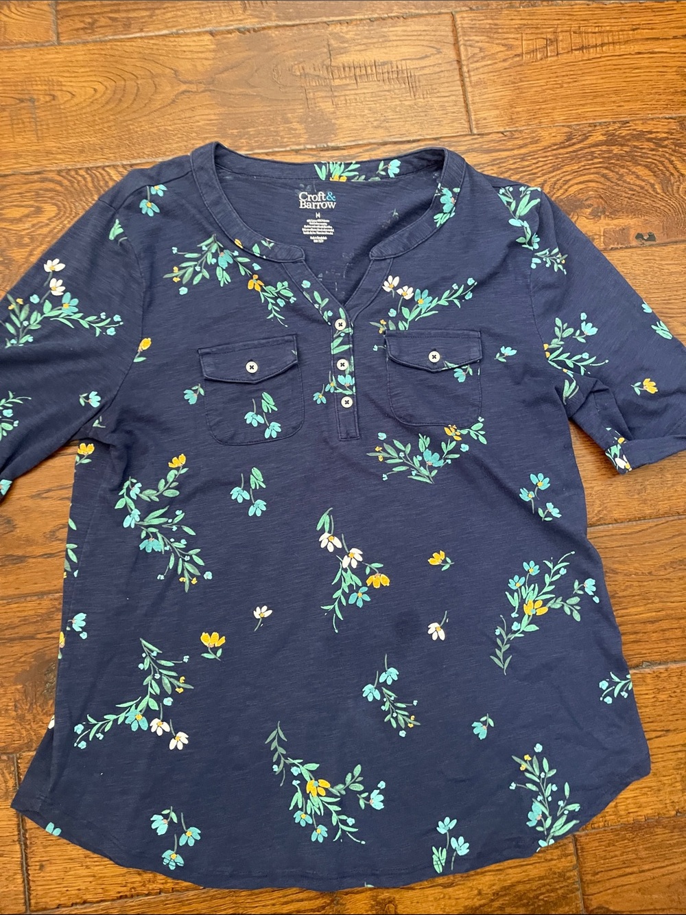 croft & barrow Navy Floral Henley with Aqua and Yellow Accents
